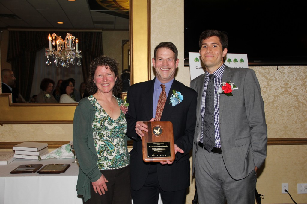 Meg Fellerath and Brian McCormick, co-founders of Brooklyn Greenway Initiative, accept the Public Service Award for BGI from CGA Board Vice President Michael L. Brown.